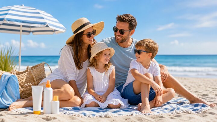 Familie pe plaja cu produse de protectie solara